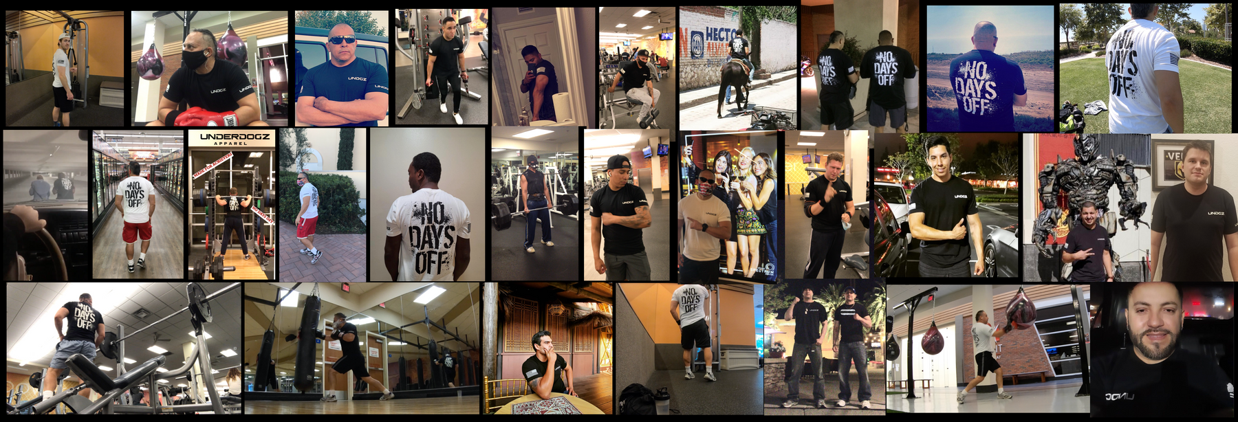 underdogz apparel collage with customers around the world wearing the undgz t-shirt no days off in black and white